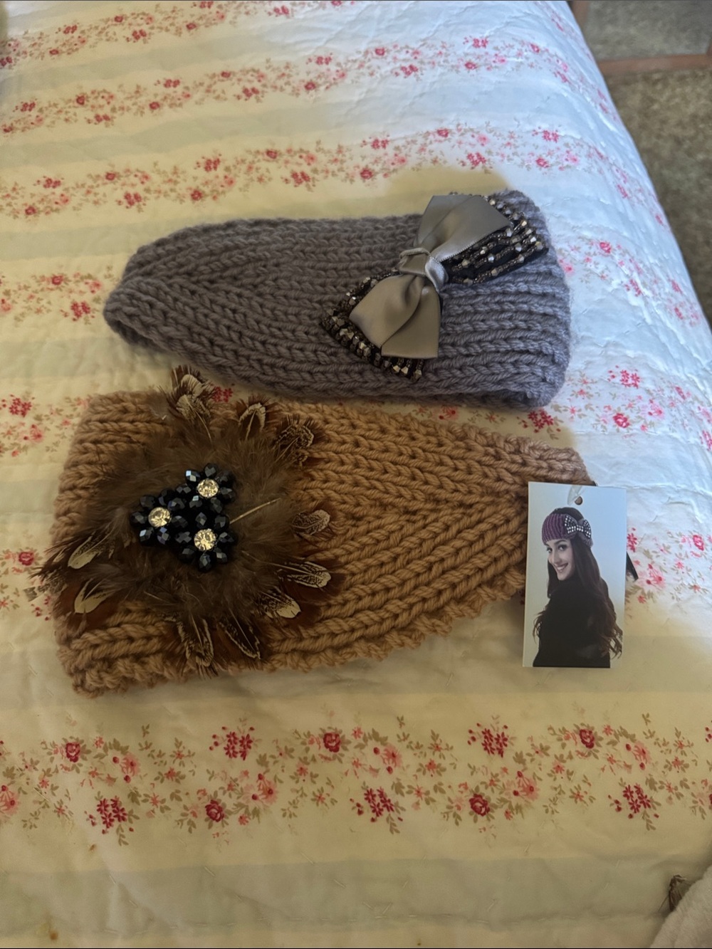 Chunky Knit Kids Headbands with Bow & Feather Flower - Gray and Brown